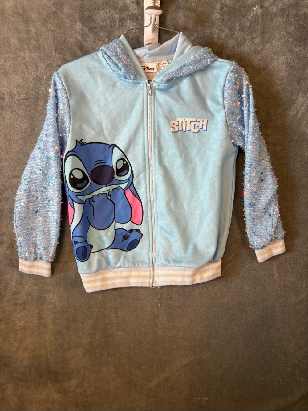 Disney Light Blue Stitch Sequin-Sleeve Hooded Zip-Up